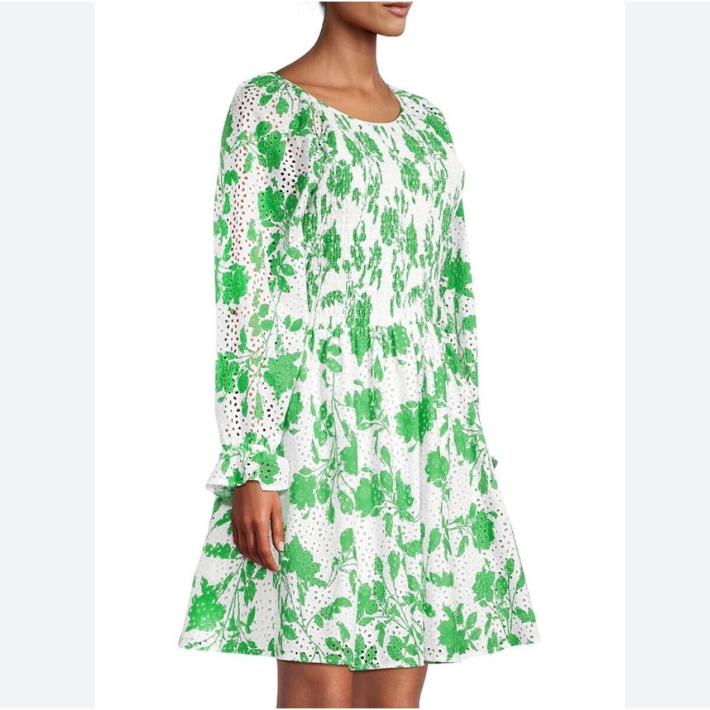 Rachel Parcell White Green Foliage Smocked Eyelet Long Sleeve Mini Dress